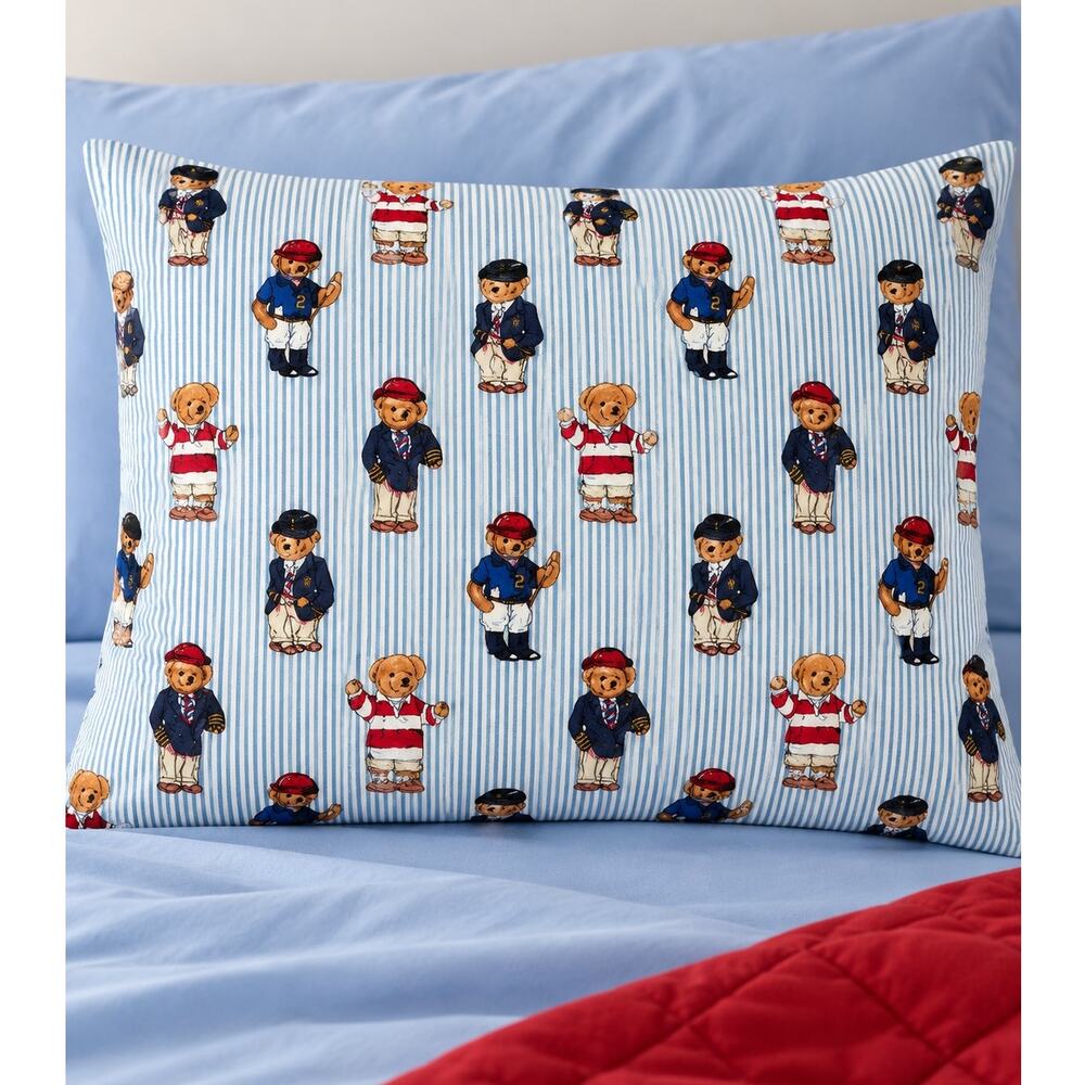 Vintage Ralph Lauren Polo Bear Pillowcase Standard Blue Ticking Stripe 18x29